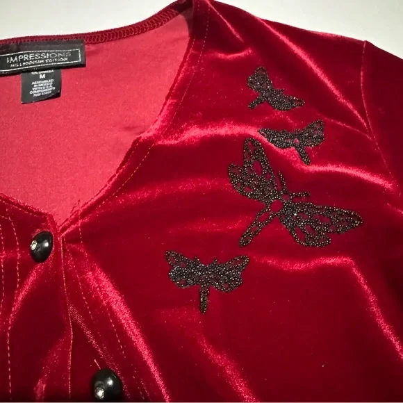Vintage Y2K Red Velvet Cardigan Medium‎ Vampire Dark Romantic Whimsy Goth Beaded - Picture 2 of 5